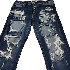 KanCan 15/31 Thrashed Distressed Skinny Jeans High Rise‎ Button Fly Blue Denim